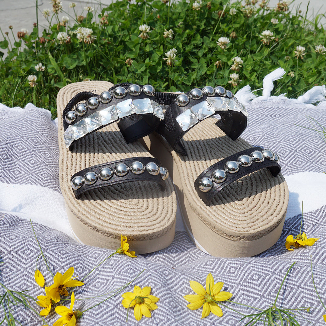 Crystal and Studs - Waterproof Espadrille Platform Wedge Sandal