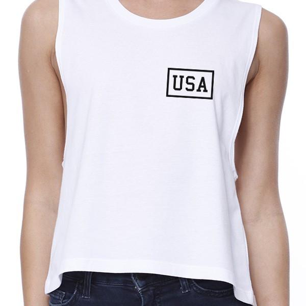 Mini USA T-shirt court blanc pour femme, design simple, haut court imprimé USA