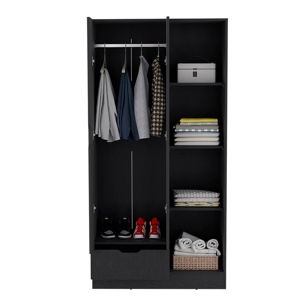 Armoire Dover avec quatre tablettes de rangement, tiroir et porte double -Noir.