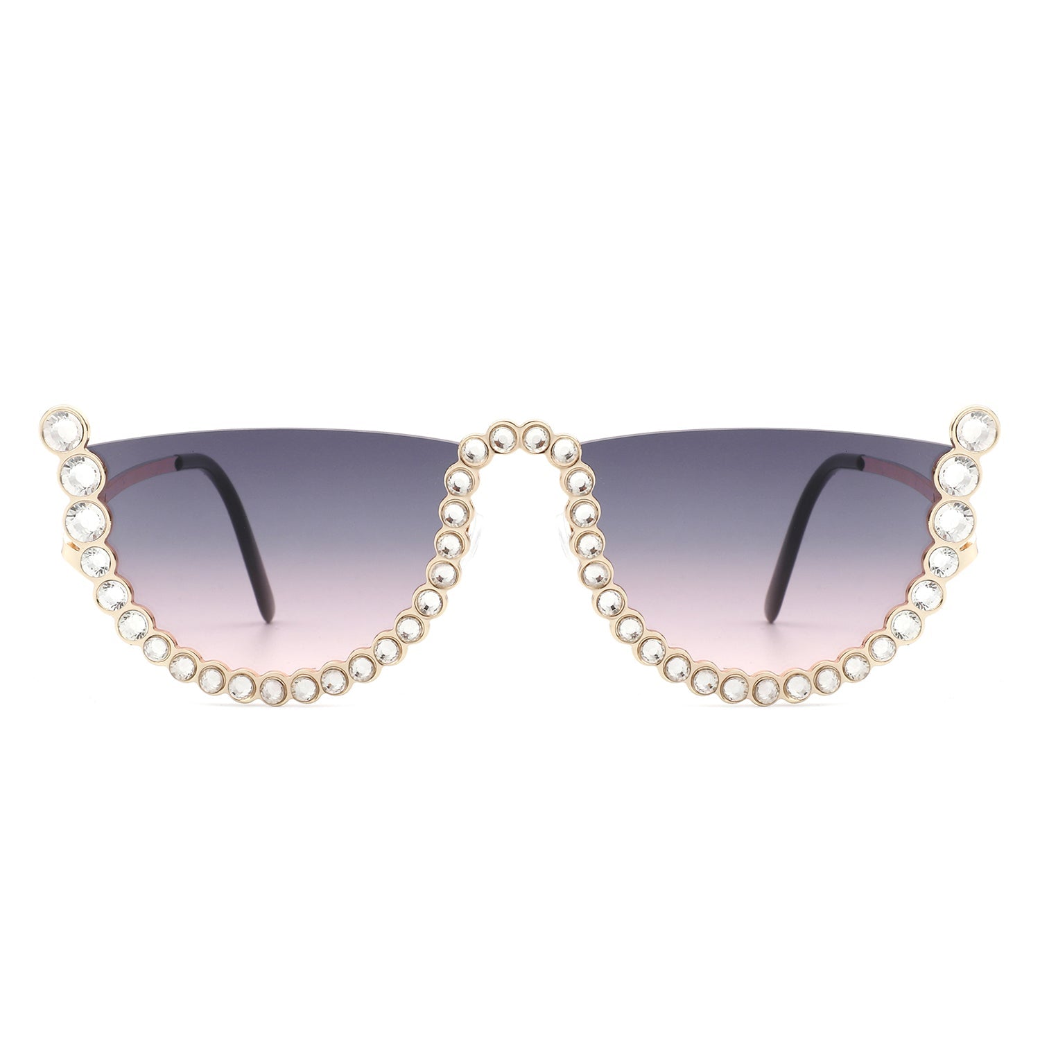 Florinda - Women Half Frame Rhinestone Round Fashion Sunglasses