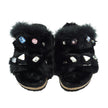 Shearling Fur Slide With Feather and Rhinestones