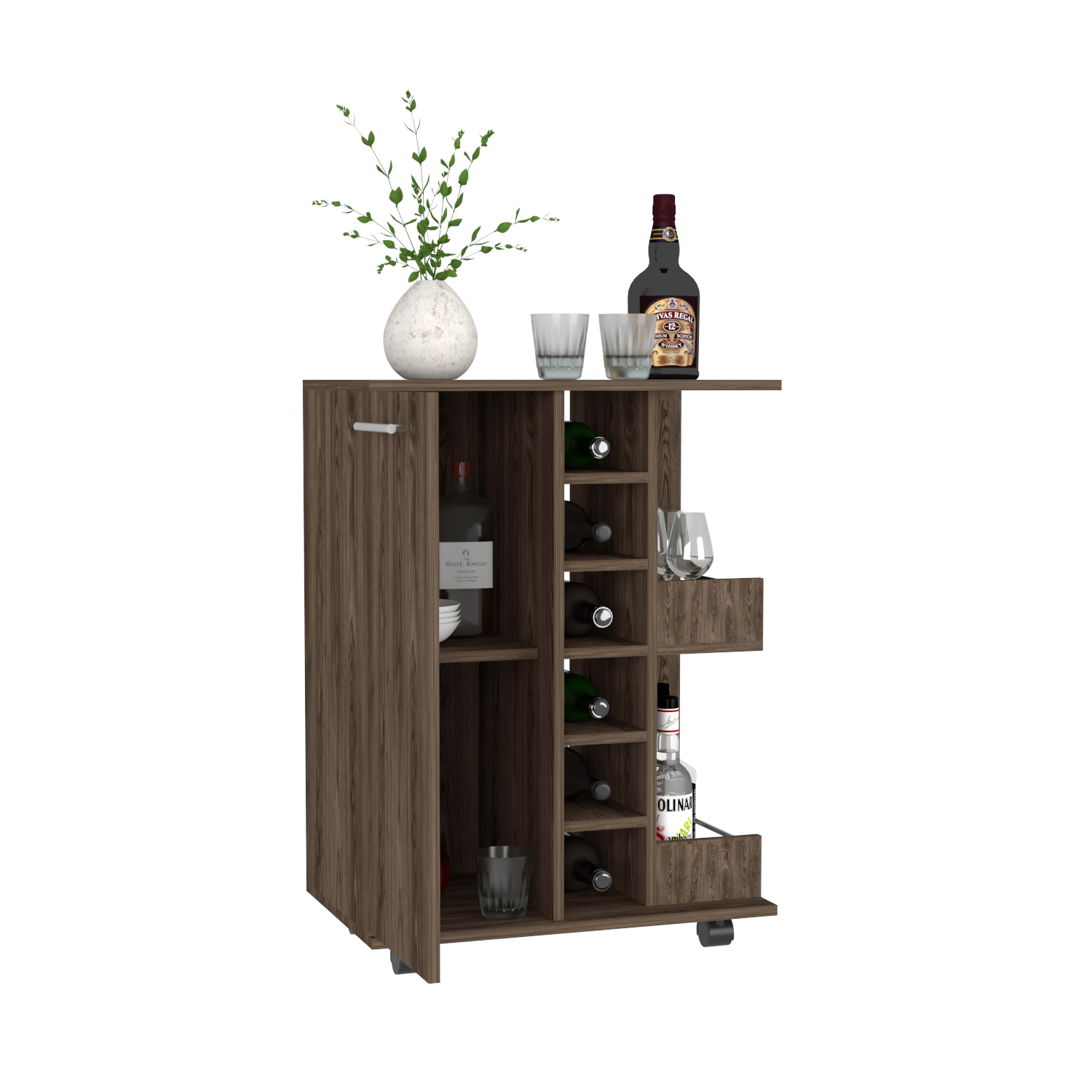 Bar Cart Wells, Four Casters - Dark Walnut