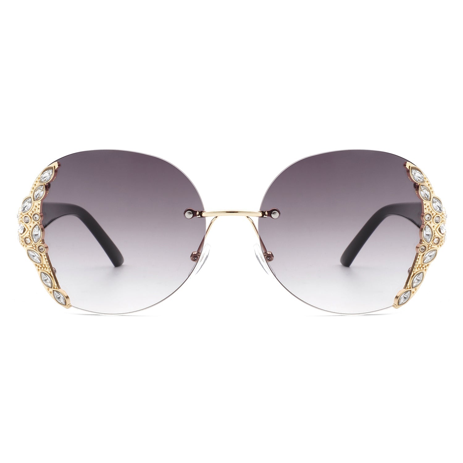 Jadeisle - Women Oval Rimless Rhinestone Design Round Oversize Sunglasses