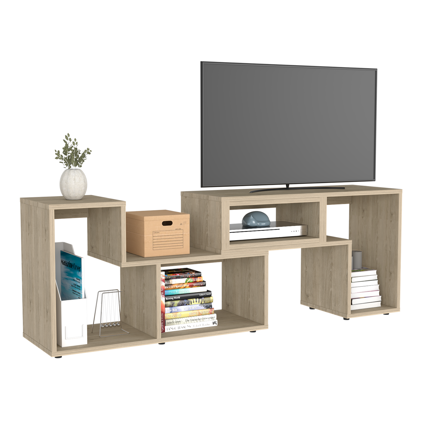 Extendable TV Stand Houston, Multiple Shelves - Light Pine