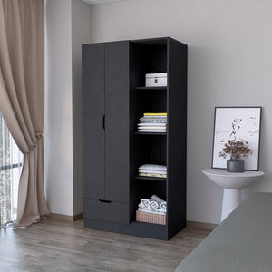 Armoire Dover avec quatre tablettes de rangement, tiroir et porte double -Noir.