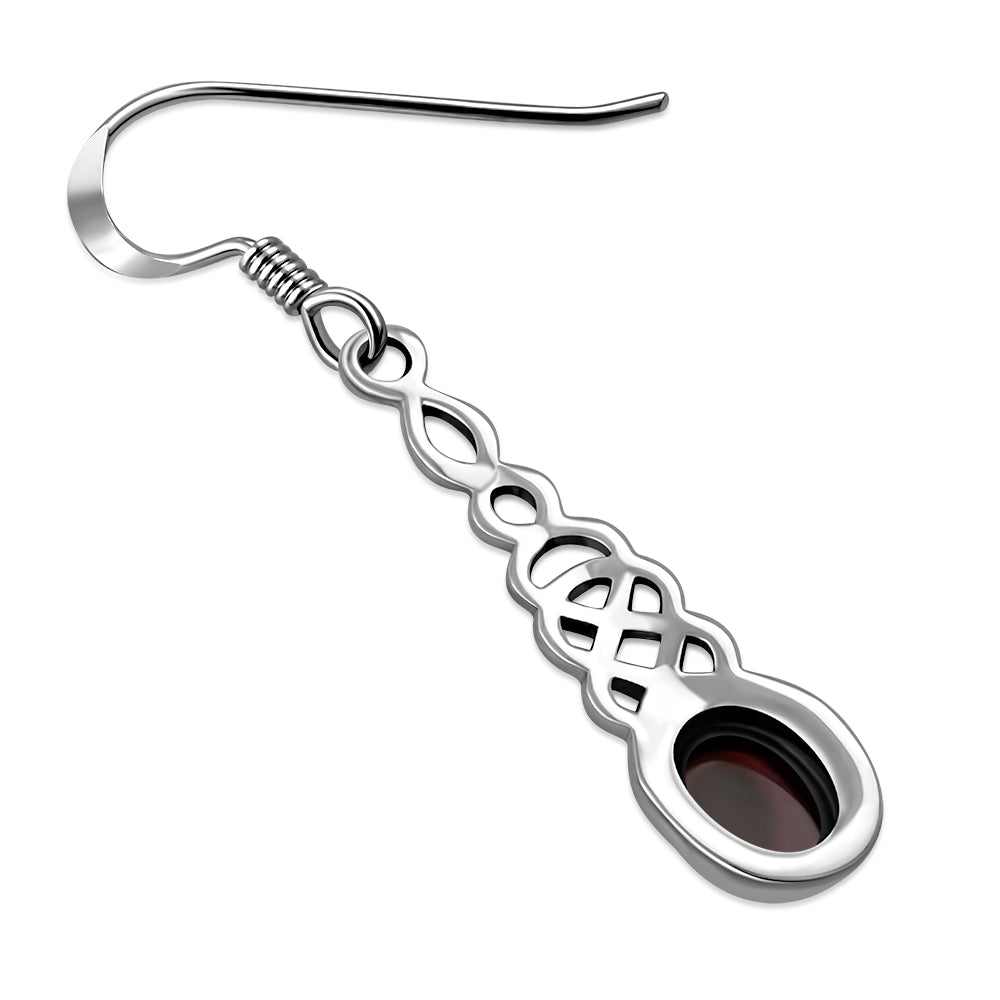 Garnet Long Celtic Knot Silver Earrings