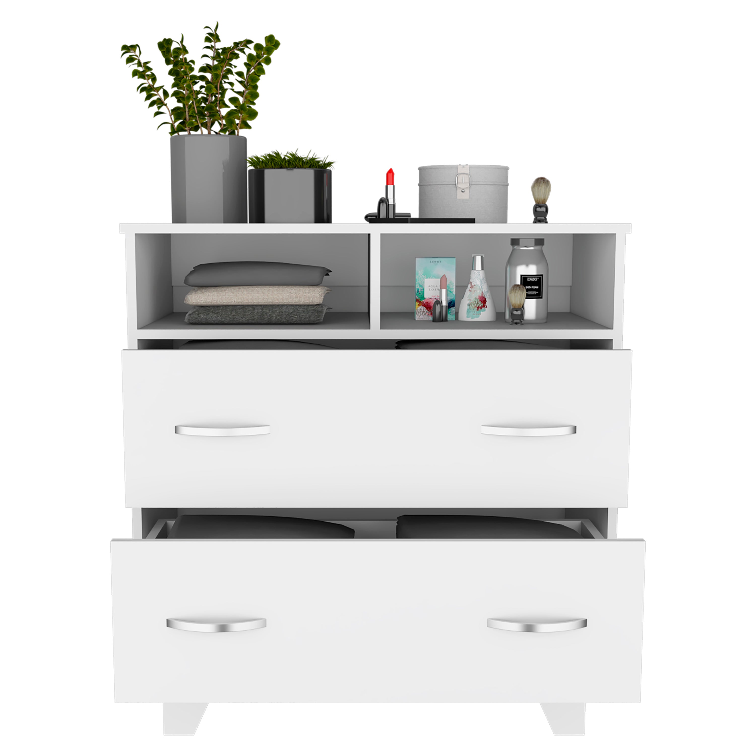 Double Drawer Dresser Arabi, Two Shelves - White