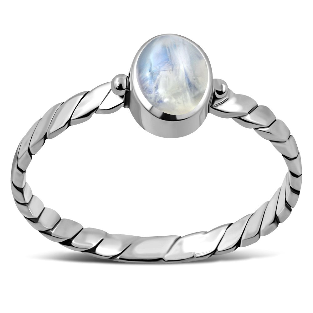 Bague en argent sterling avec pierre de lune arc-en-ciel torsadée