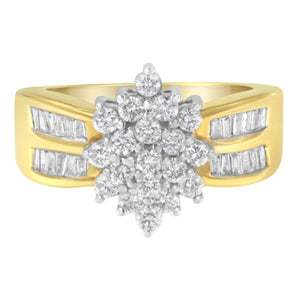 Grappe florale de diamants ronds et taille baguette en or jaune 10 carats 1,0 carat