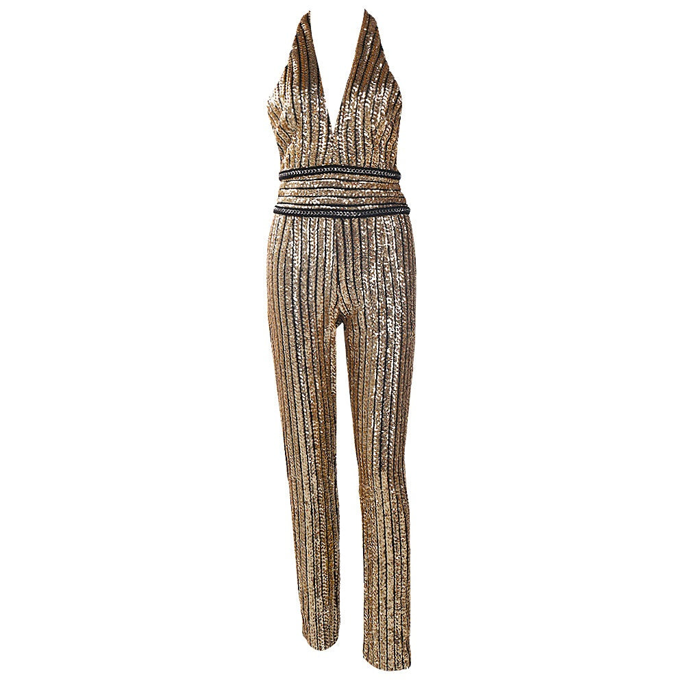 Gold Sequin Striped Jumpsuit