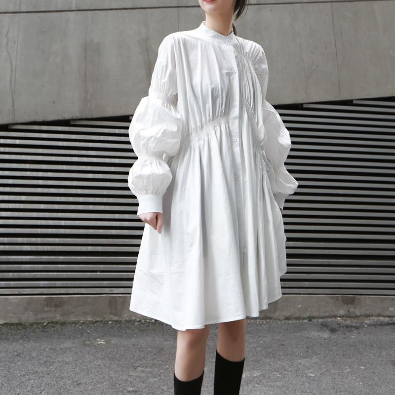 Hotaru Long Sleeve Pleated Shirt Dress - White