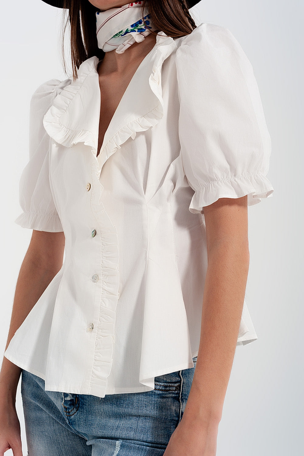 Poplin Frill Detail Wrap Blouse in Cream