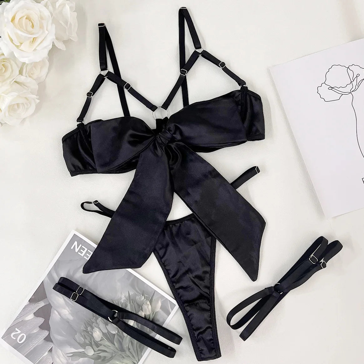 3-Piece Bowknot Open Bra Lingerie