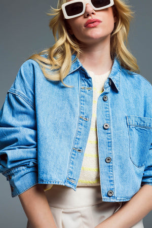 Basic Cropped Denim Jacket in Light Blue With Chest Pocket