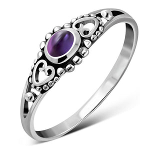 Thin Heart Amethyst Stone Silver Ring