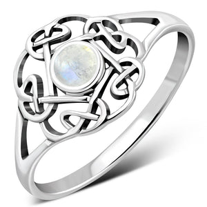 Rainbow Moonstone Round Celtic Knot Silver Ring