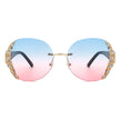 Jadeisle - Women Oval Rimless Rhinestone Design Round Oversize Sunglasses