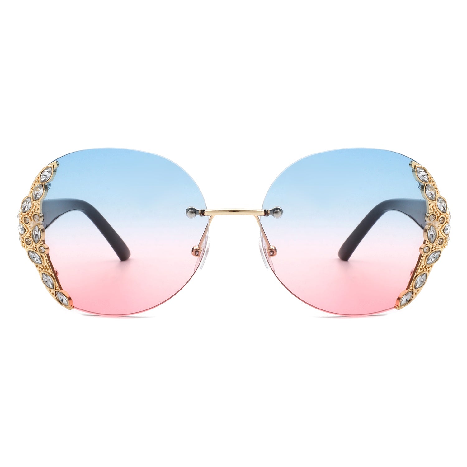 Jadeisle - Women Oval Rimless Rhinestone Design Round Oversize Sunglasses