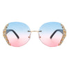 Jadeisle - Women Oval Rimless Rhinestone Design Round Oversize Sunglasses