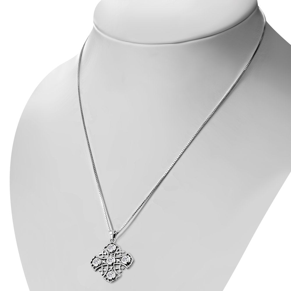 Jerusalem Cross Silver Pendant Set W/ Clear CZ