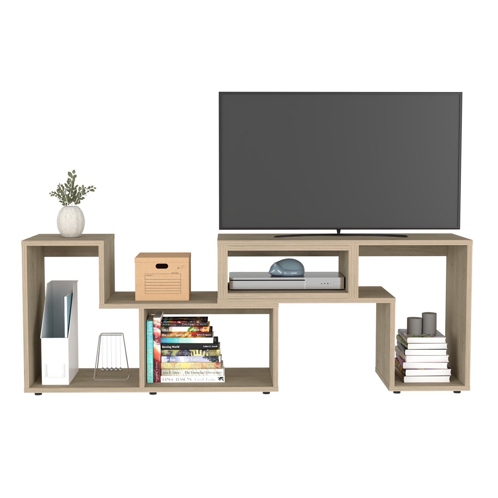 Extendable TV Stand Houston, Multiple Shelves - Light Pine