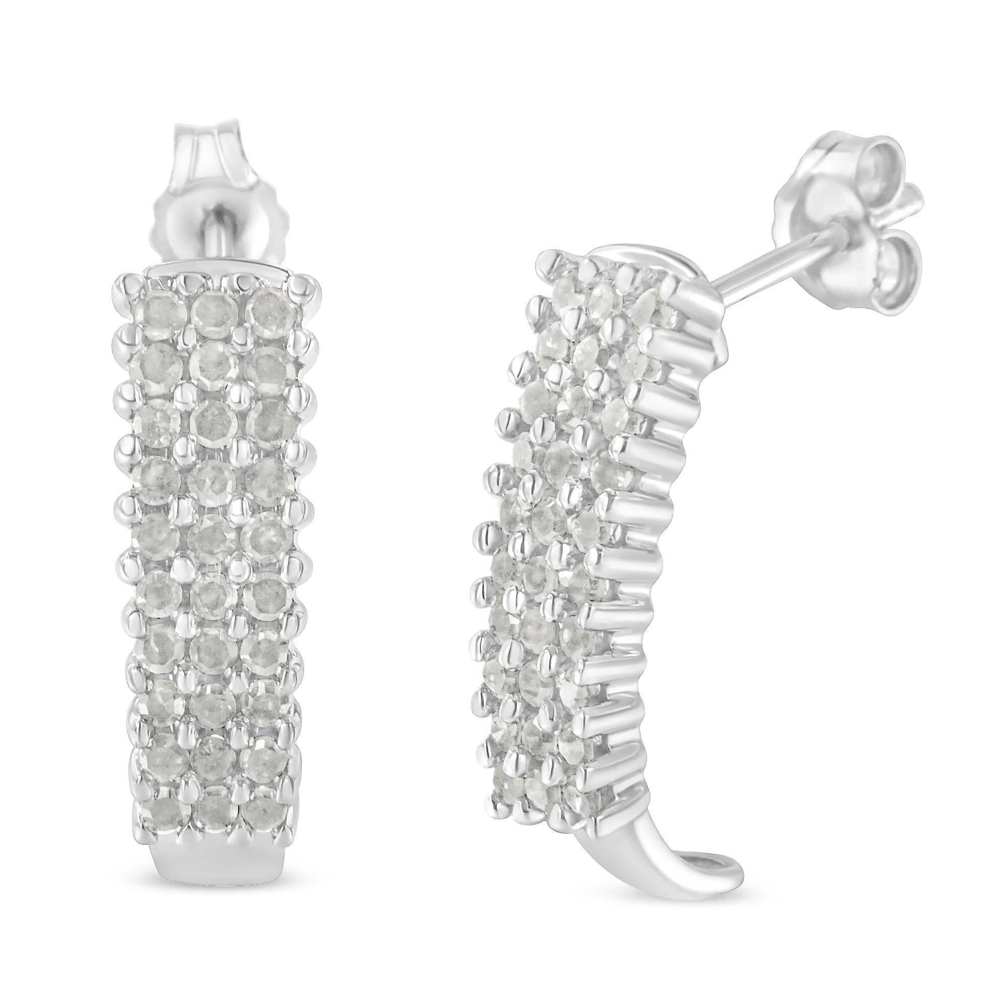 Boucles d'oreilles créoles en forme de J avec diamants taille rose en argent sterling