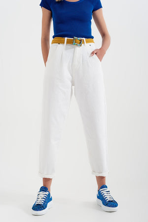 High Rise Mom Jeans With Pleat Front in White