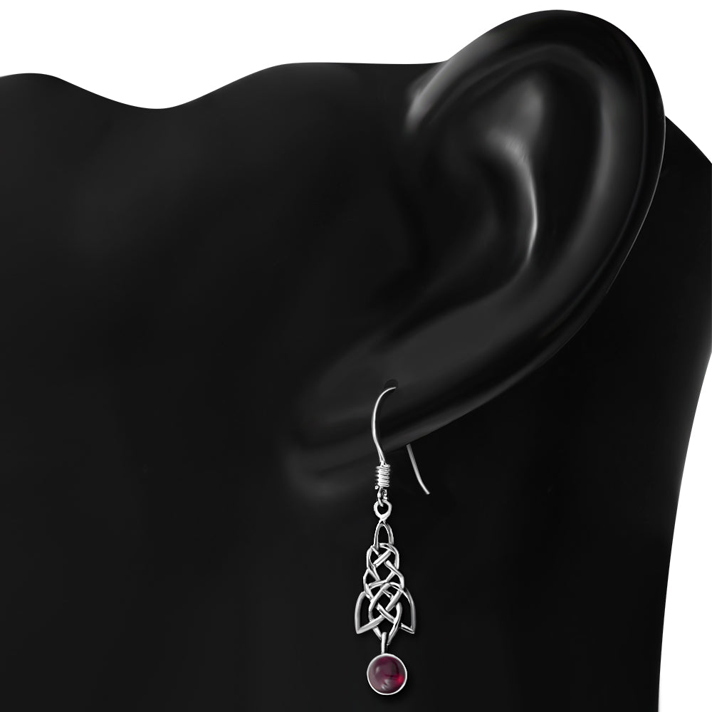 Dangle Garnet Stone Celtic Knot Silver Earrings