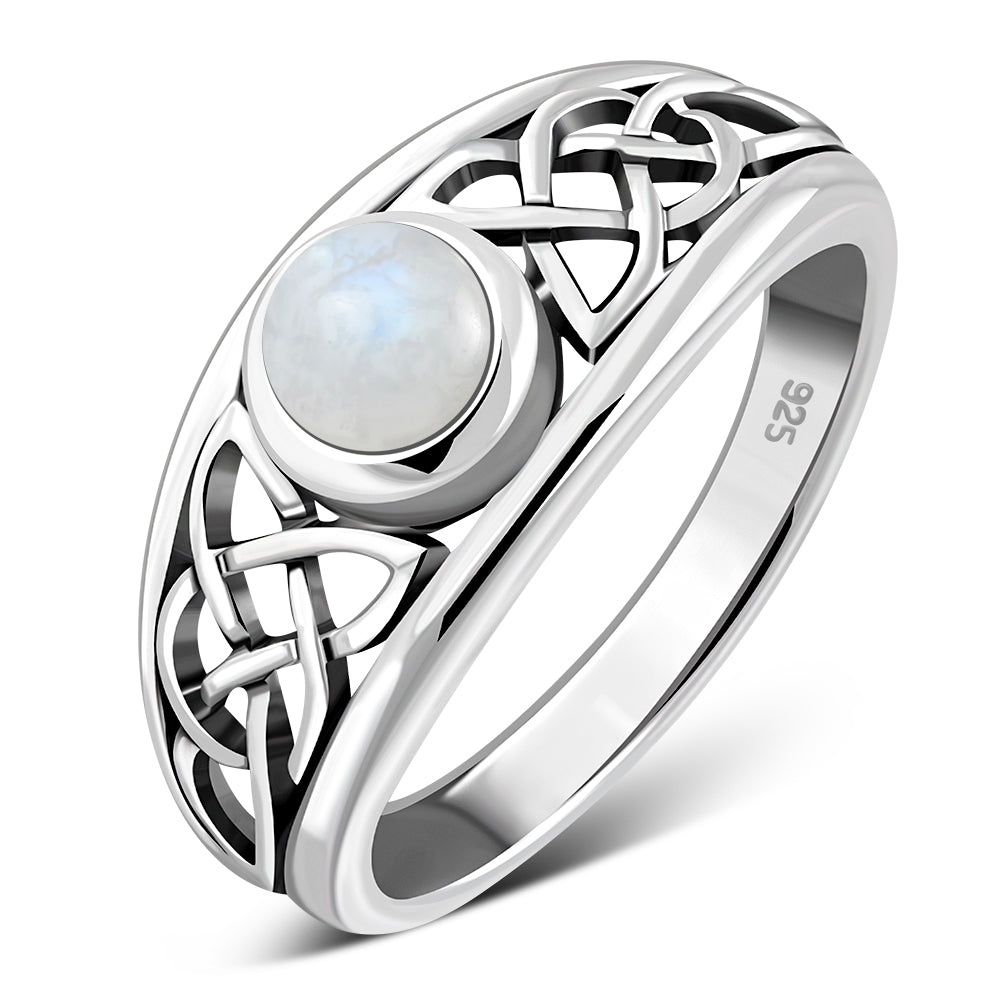 Bague en argent celtique avec pierre de lune arc-en-ciel