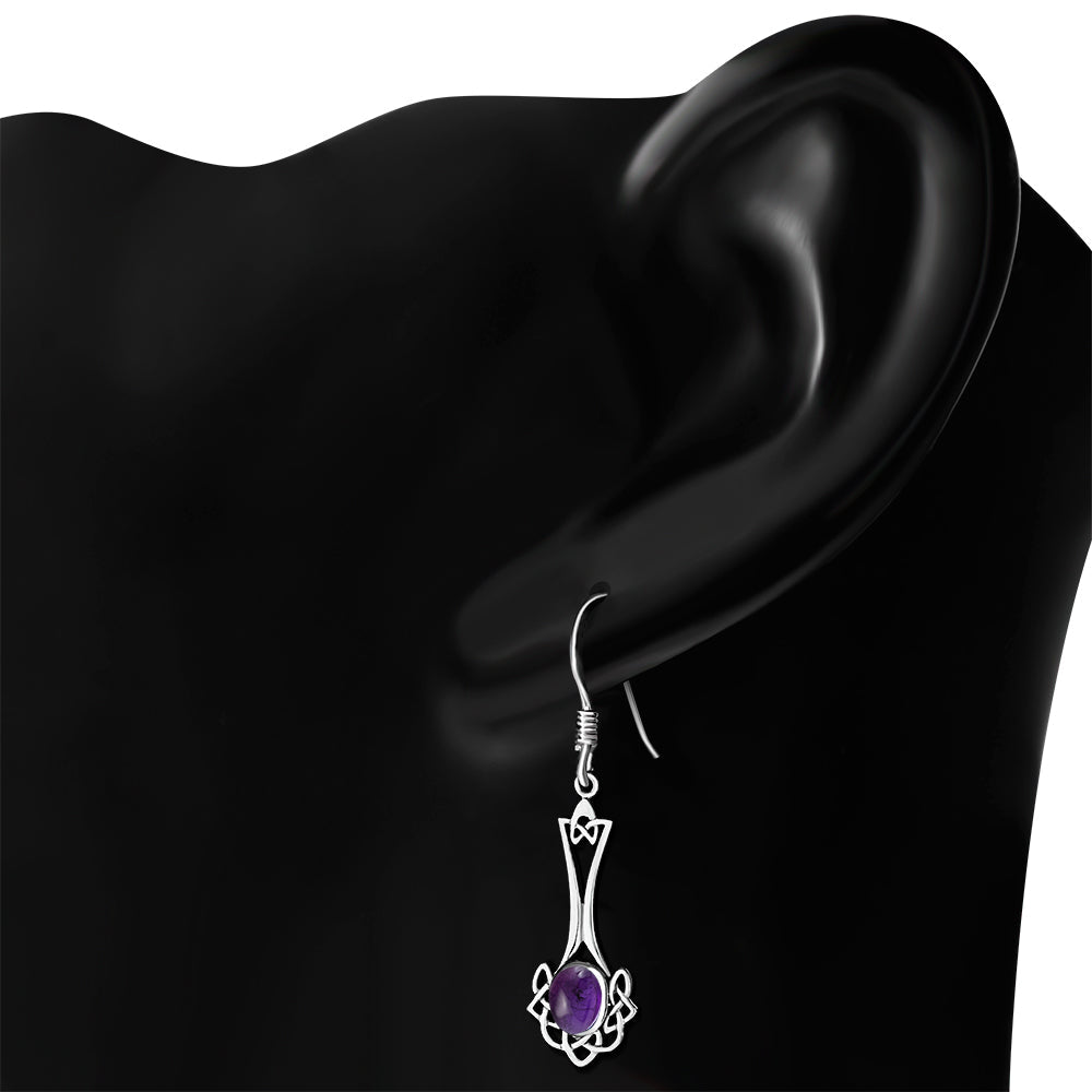 Long Amethyst Stone Celtic Knot Silver Earrings