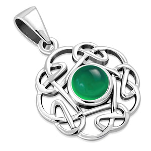 Petit pendentif rond en argent avec nœud celtique en agate verte