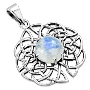 Rainbow Moonstone Celtic Knot Silver Pendant