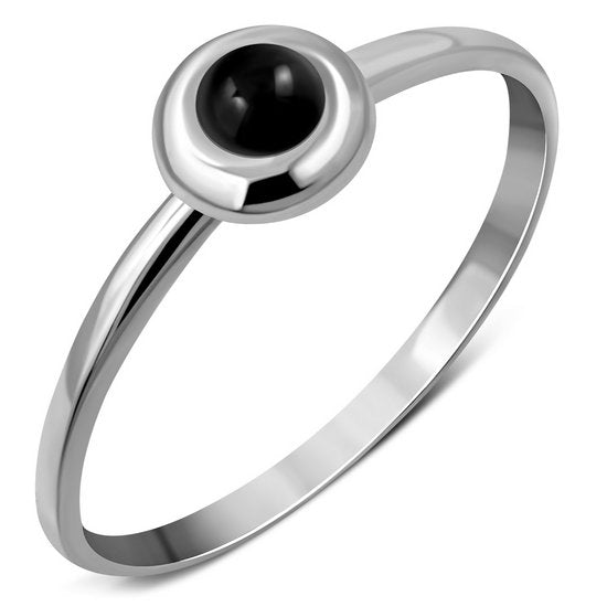 Simple Round Black Onyx Silver Ring