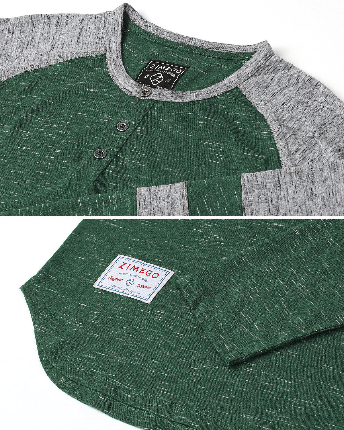 ZIMEGO Men's 3/4 Sleeve GREEN Baseball Football College Raglan Henley