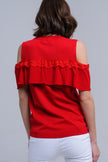 Red Cold Shoulder Sweater With Ruffle and Lace