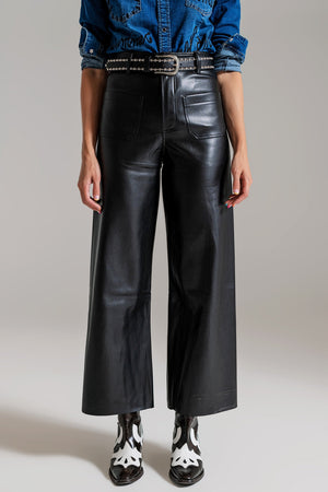 Pantalon noir en similicuir de style Palazzo avec poche