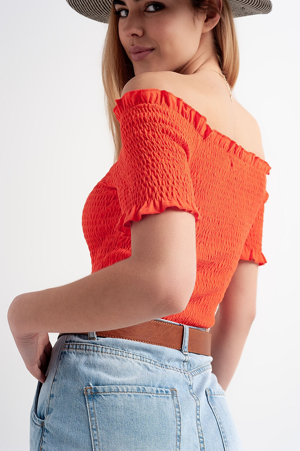 Cooord Ruched Bardot Crop Top in Orange