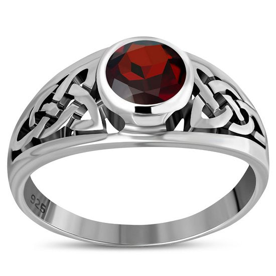 Garnet Stone Celtic Knot Silver Ring