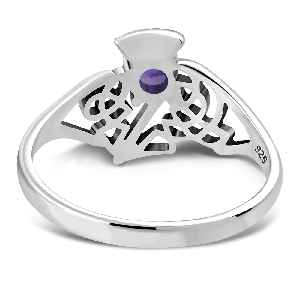 Celtic Knot Thistle Amethyst Stone Silver Ring