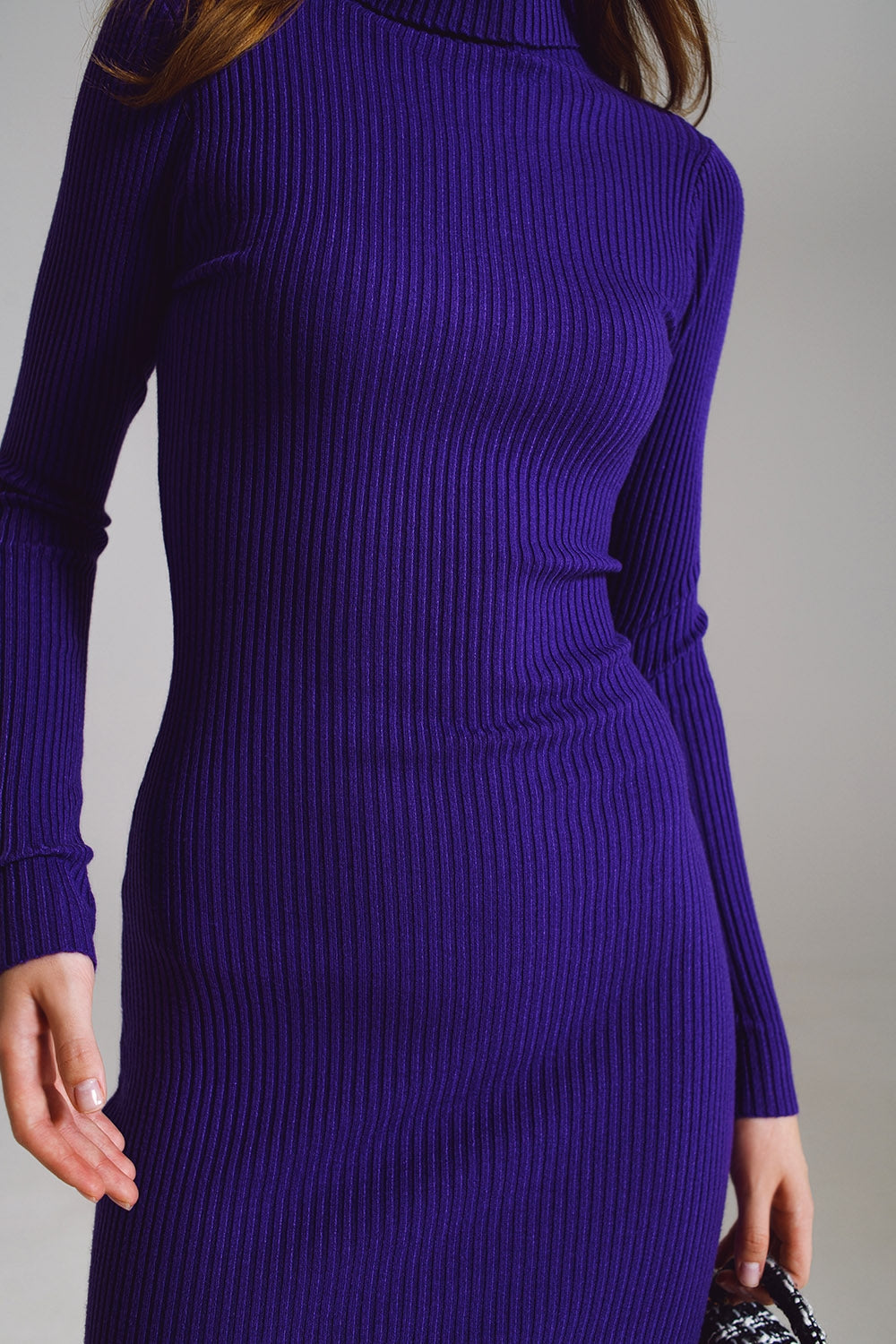 Midi Bodycon Knitted Dress With Turtle Neck in Purple