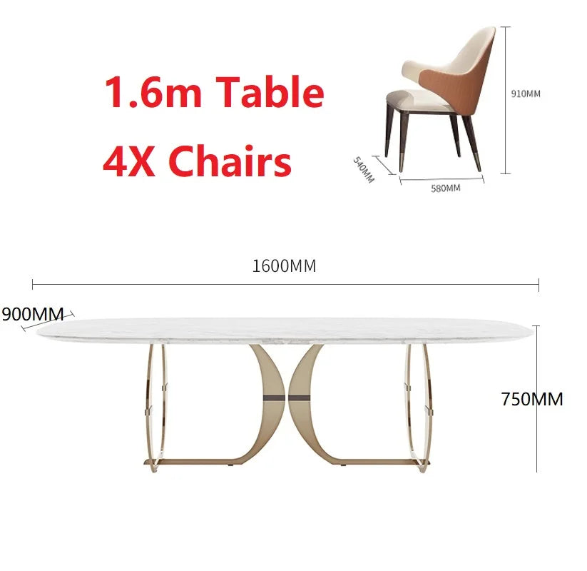 Italian Gold Modern Marble and Stainless Steel Table 6 Chairs