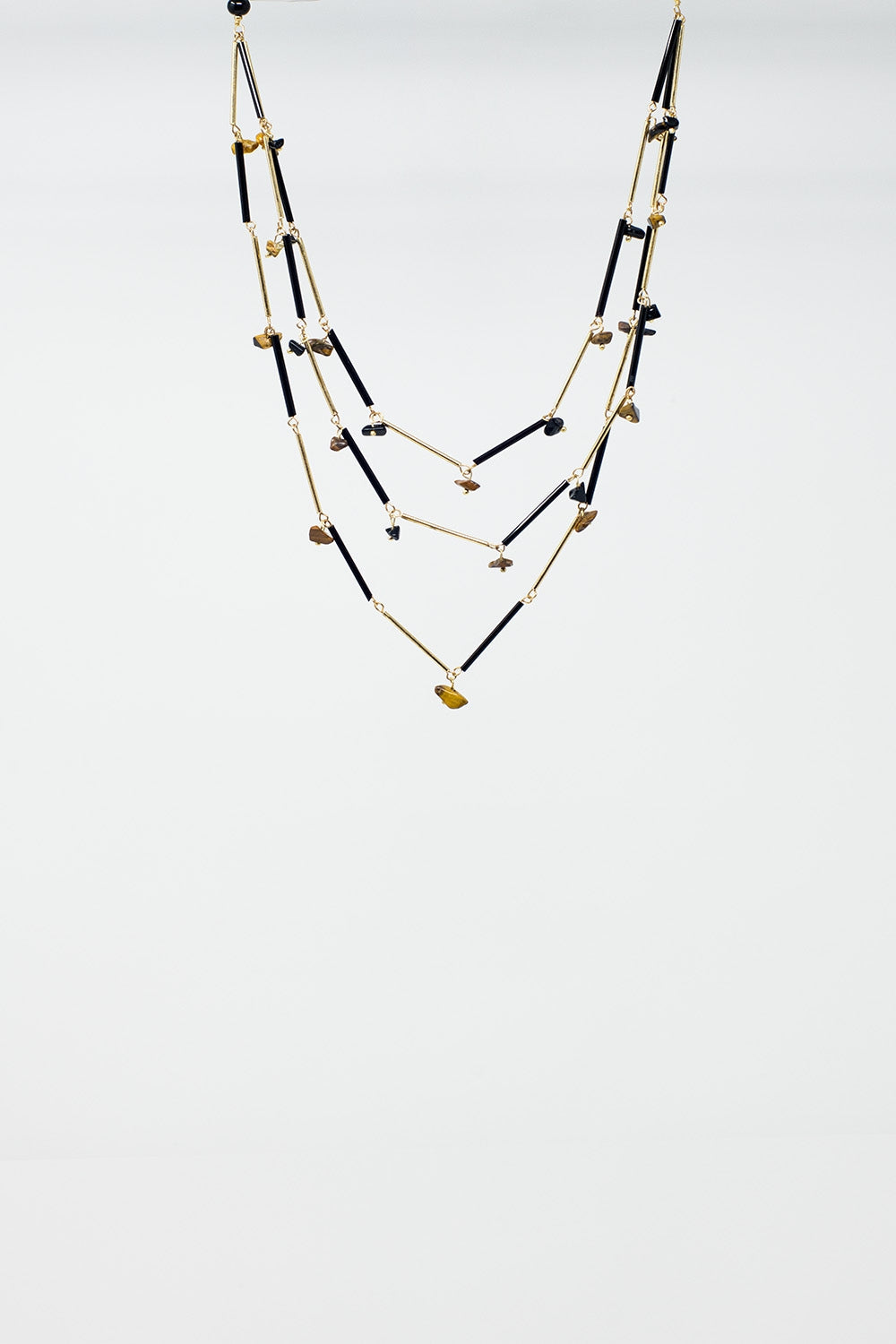 Short 3 in 1 Necklace With Black and Golden Beads