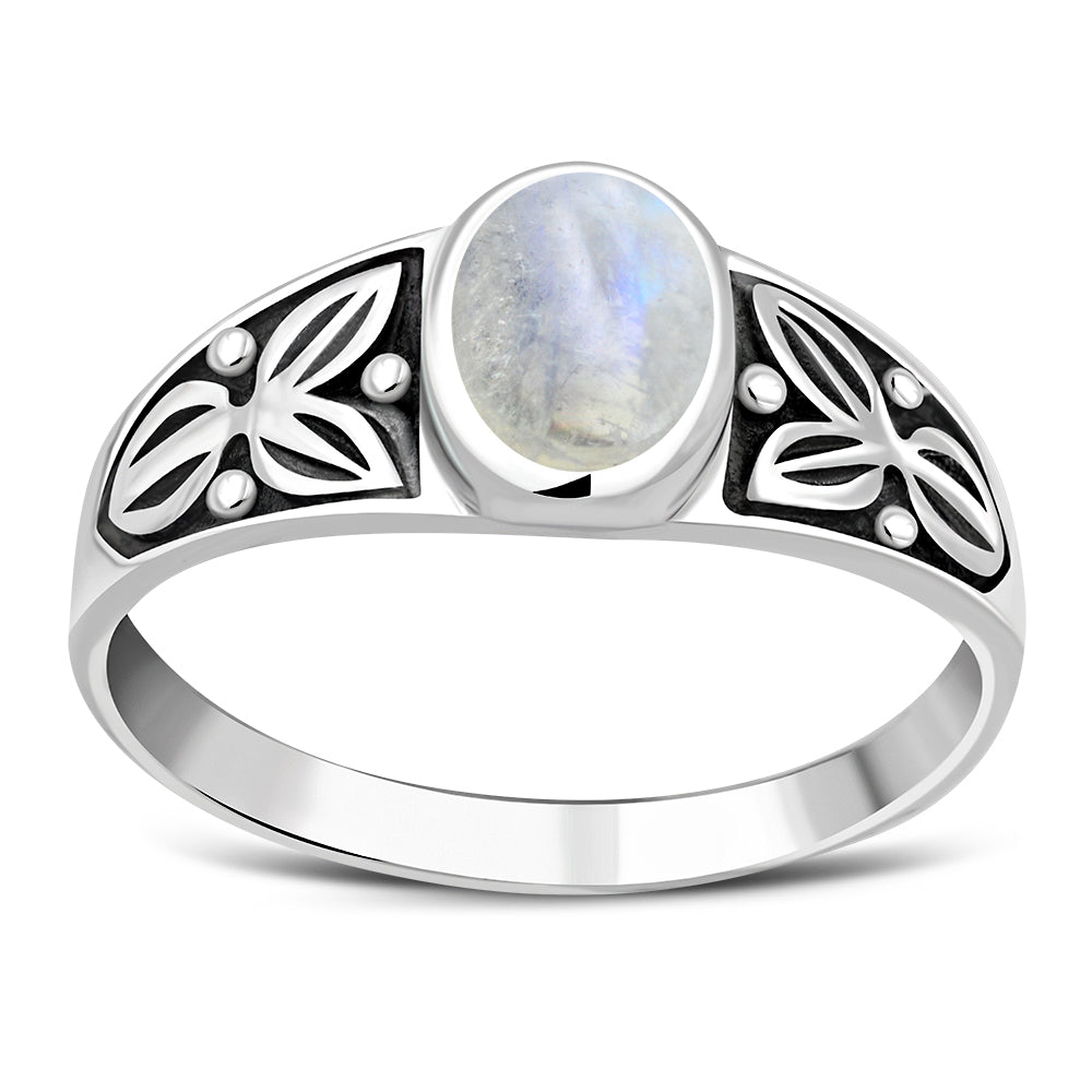 Bague Ethnique en Argent Pierre de Lune Arc-en-Ciel