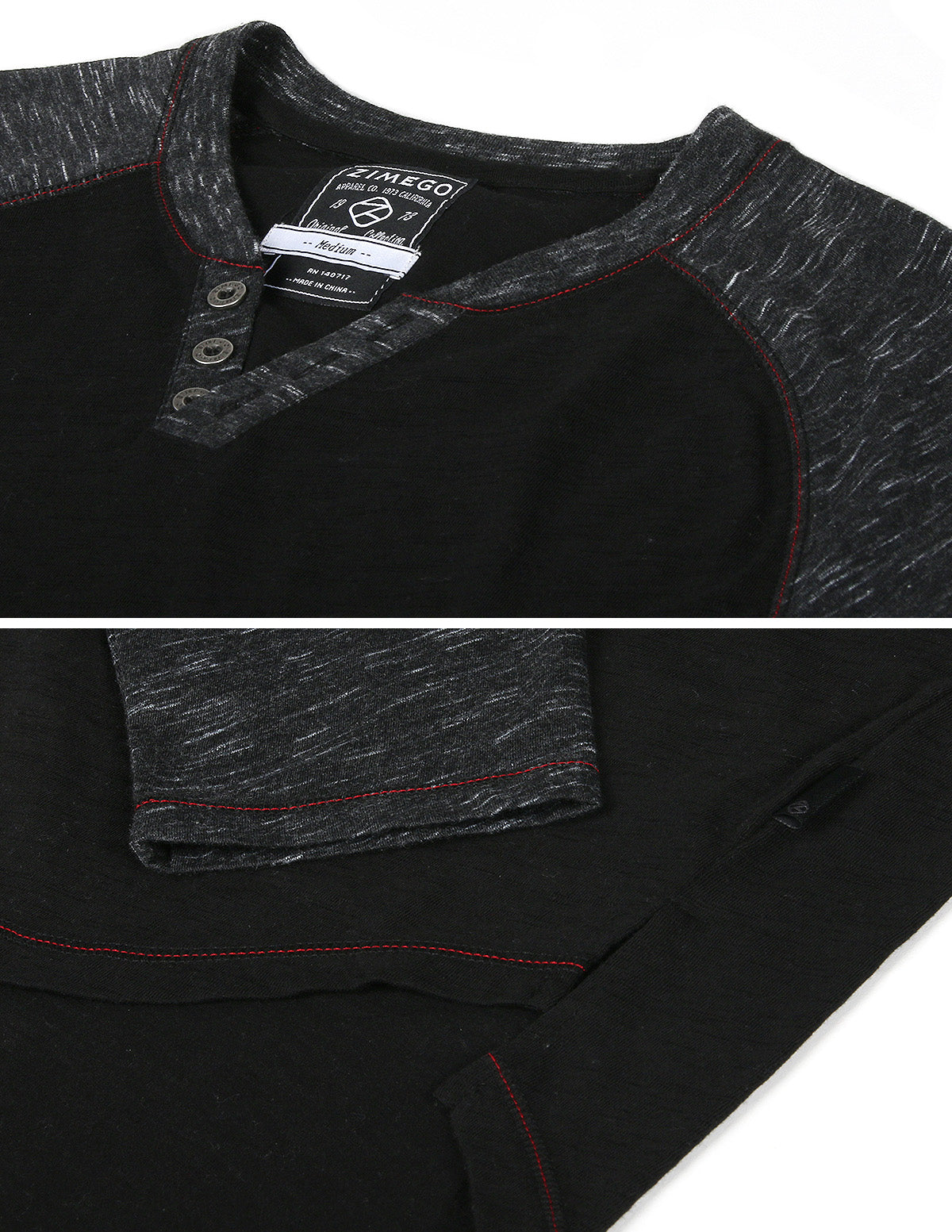 ZIMEGO T-shirts à manches longues contrastés Raglan Henley col en V BLK-BLK