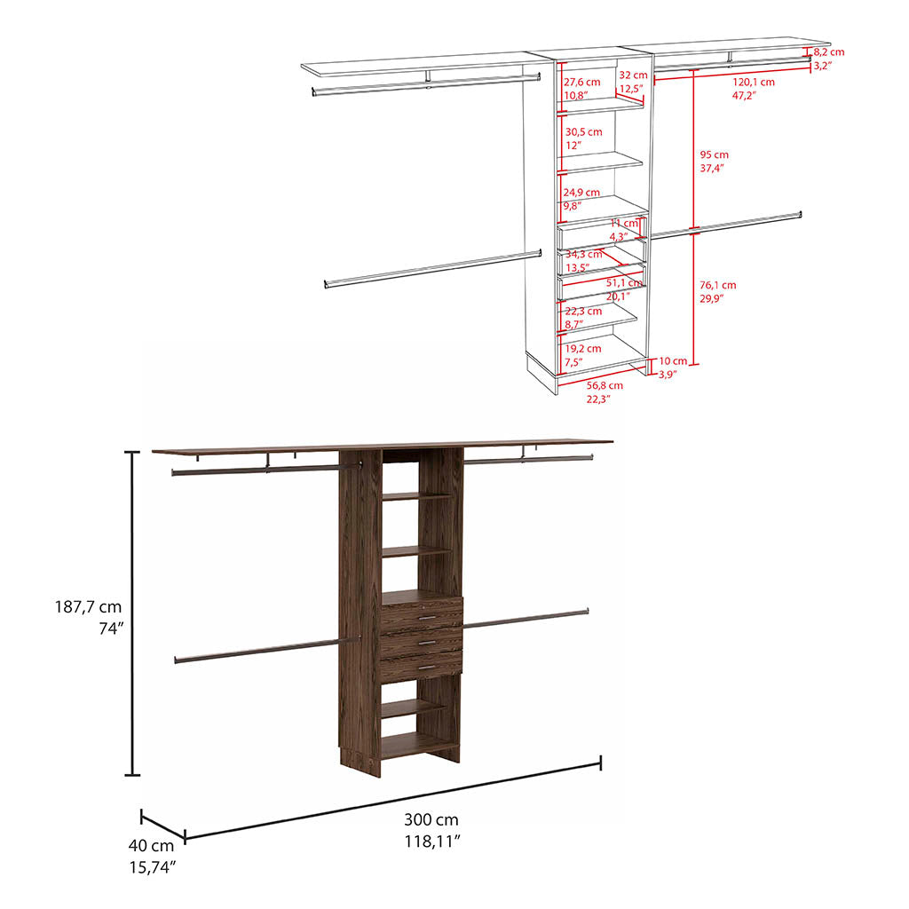 Closet System Pittsburg, quatre tringles de suspension - Noyer foncé