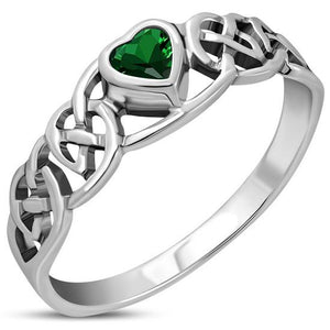 Celtic Knot Green CZ Heart Silver Ring