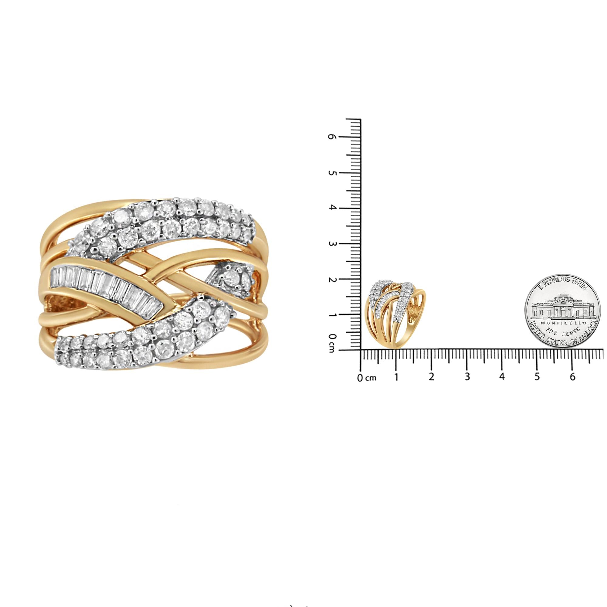 Or jaune et blanc 10 carats 1,0 carat de diamants ronds et taille baguette à plusieurs rangées