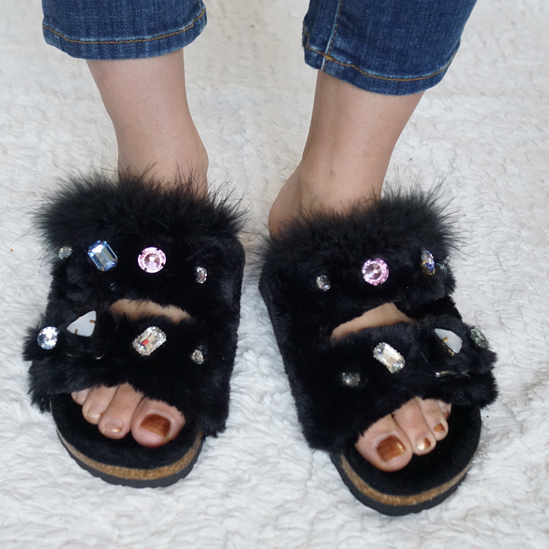 Shearling Fur Slide With Feather and Rhinestones