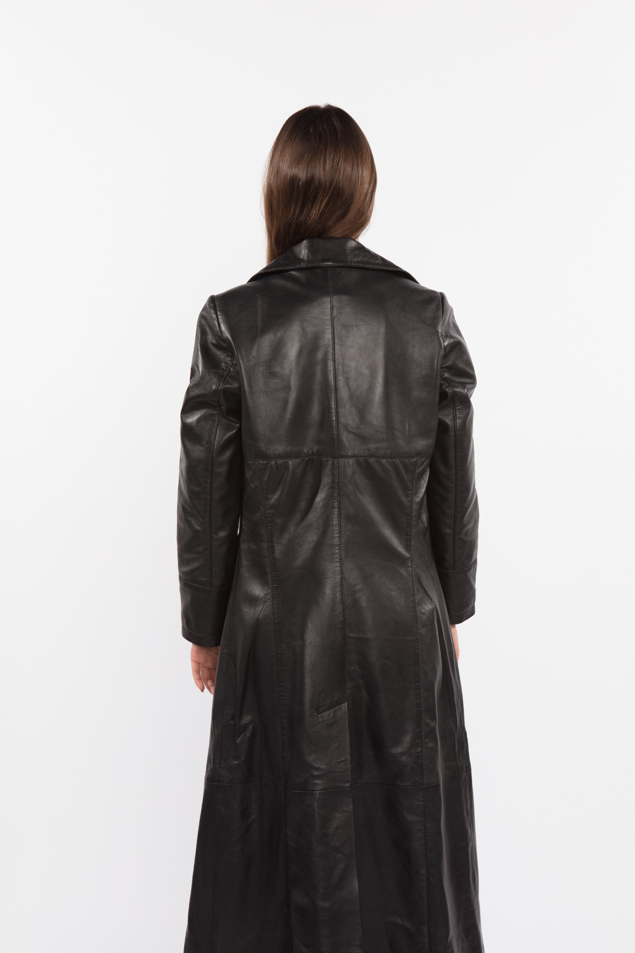 Manteau en cuir pleine longueur noir Matrix à 3 boutons pour femme