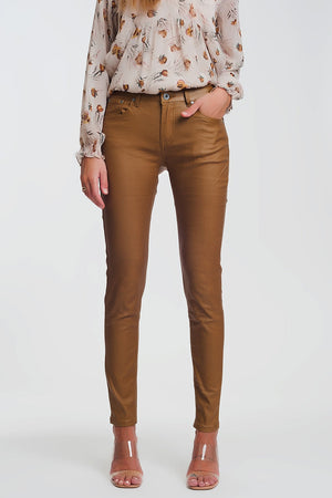 Pantalon skinny enduit en camel